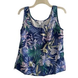 Kriss Kross 100% Silk Tank Top Tropical Floral Blue Green Hawaii Vacation 8